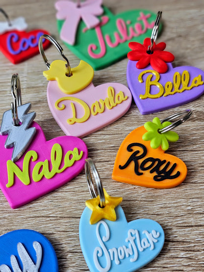 Personalized heart pet ID tags in multiple colors with names