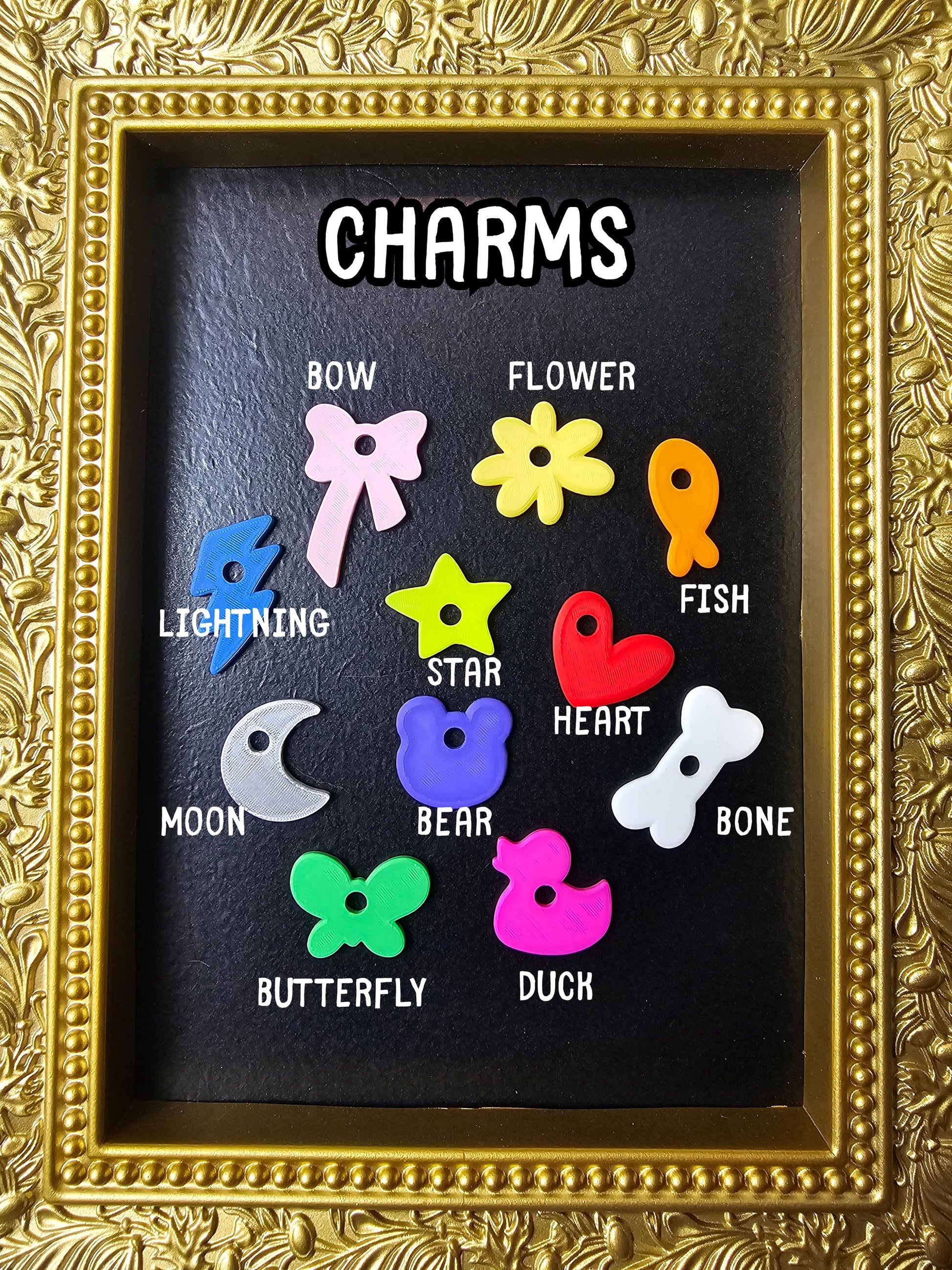 Charm options: fish, flower, bone, butterfly, bow, moon, lightning, star, bear, heart