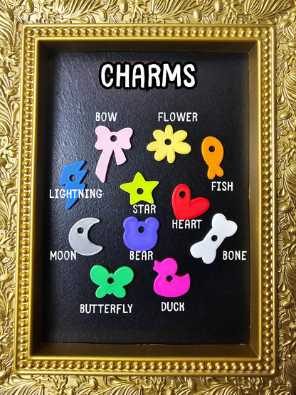 Charm options: fish, flower, bone, butterfly, bow, moon, lightning, star, bear, heart