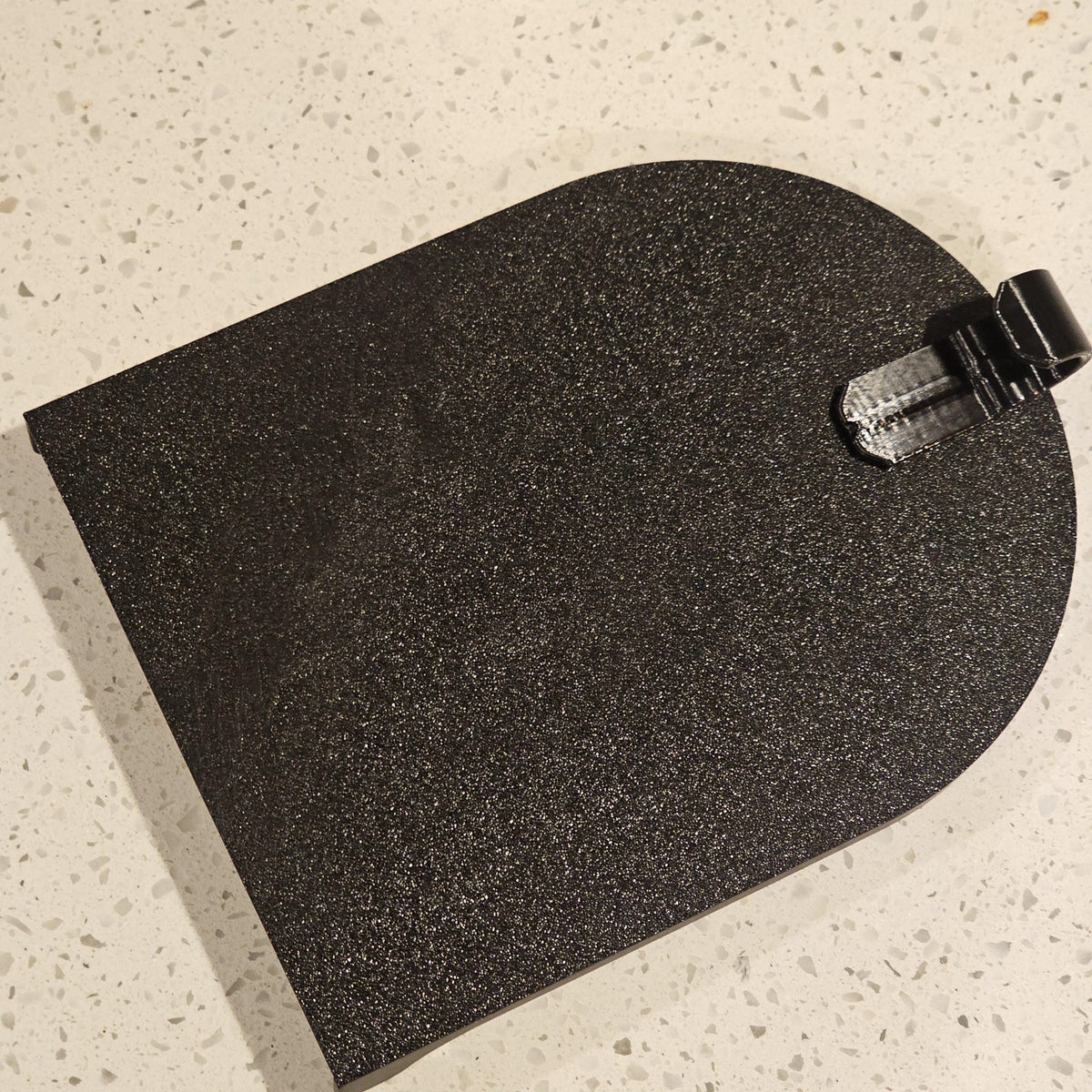 Black 3D printed replacement door, front view with handle