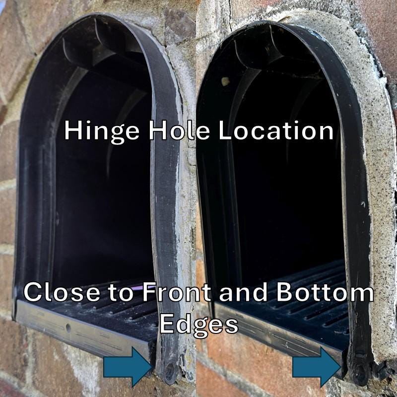 Hinge hole location on the Design 1 mailbox, close to the front and bottom edges