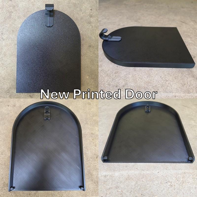 New 3D printed replacement door for a Design 1 mailbox, four views
