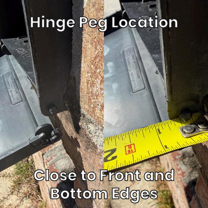 Hinge peg location on the Design 2 mailbox, close to the front and bottom edges