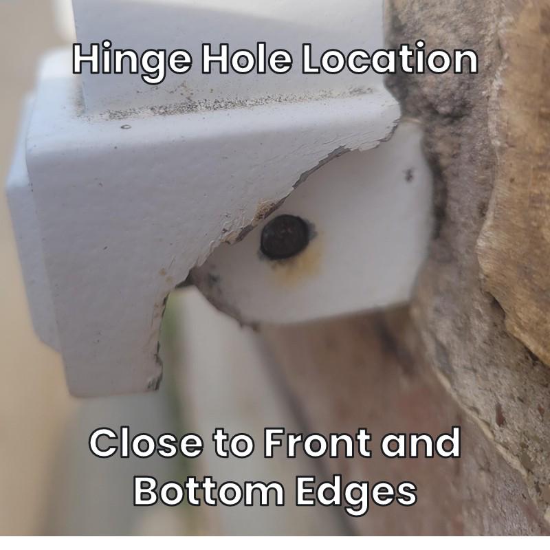 Hinge hole location on the Design 3 mailbox, close to the front and bottom edges