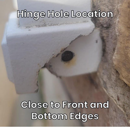Hinge hole location on the Design 3 mailbox, close to the front and bottom edges