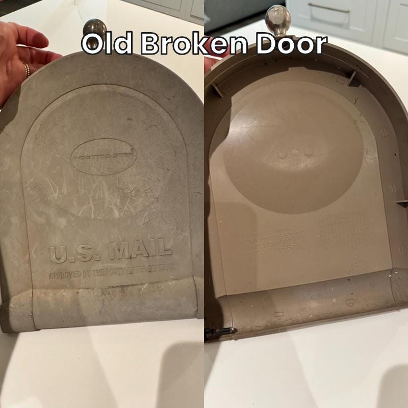 Old broken door from a Design 14 mailbox, front and back