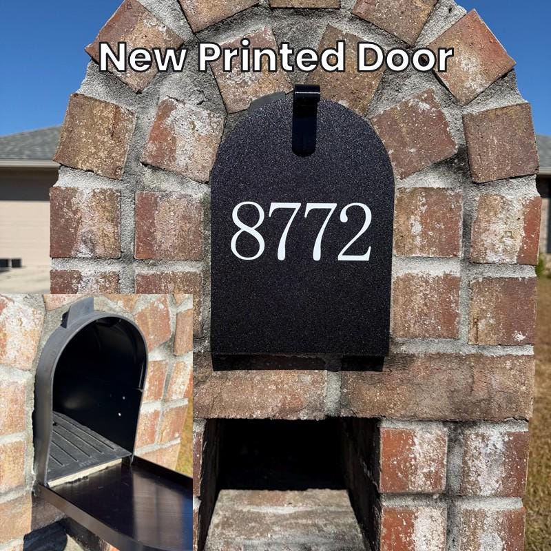 New 3D printed replacement door with house number 8772 installed on a Design 2 mailbox