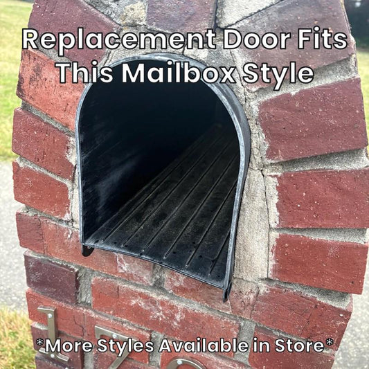 Design 8 plastic mailbox this replacement door fits, in a brick surround
