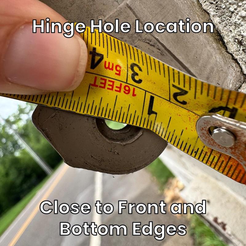 Hinge hole location on the Design 14 mailbox, close to the front and bottom edges