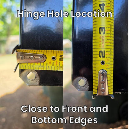 Hinge hole location on the small metal mailbox, close to the front and bottom edges