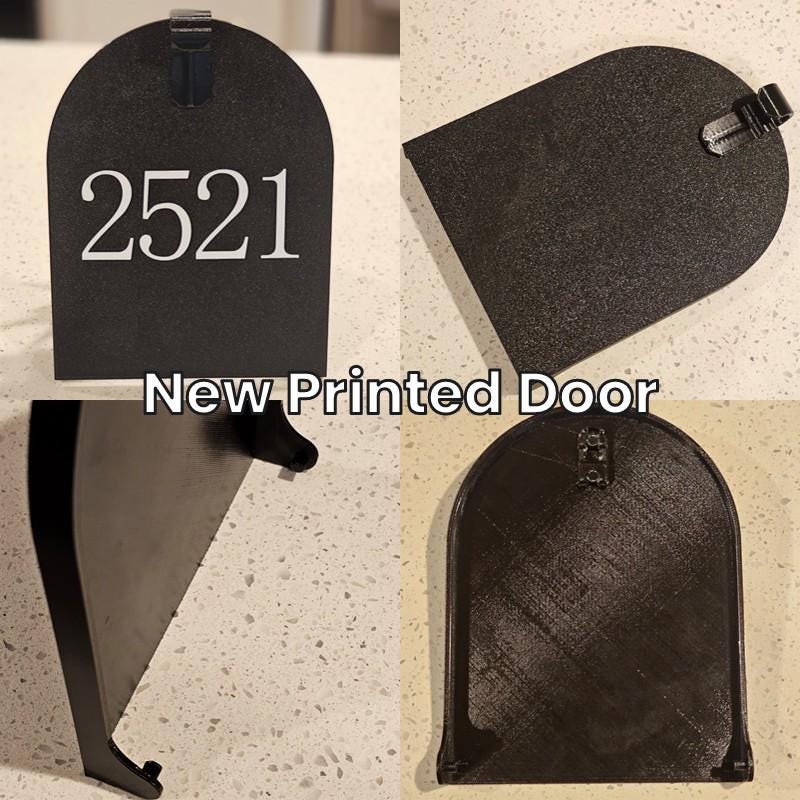 New 3D printed replacement door for a small metal mailbox, shown from several angles