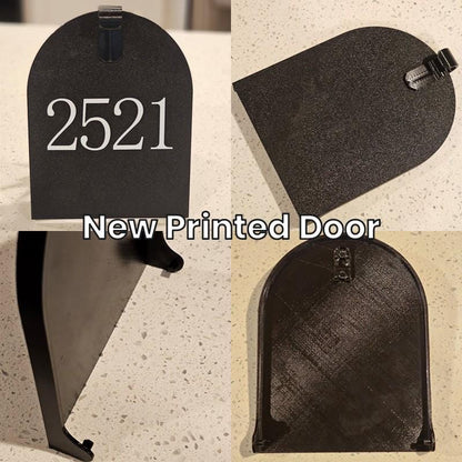 New 3D printed replacement door for a small metal mailbox, shown from several angles