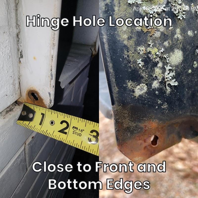 Hinge hole location on the medium metal mailbox, close to the front and bottom edges