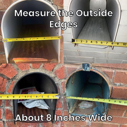 Measuring the outside edges of a medium metal mailbox, about 8 inches wide