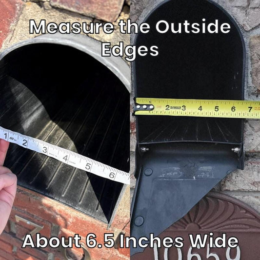 Measuring the outside edges of a Design 8 mailbox, about 6.5 inches wide