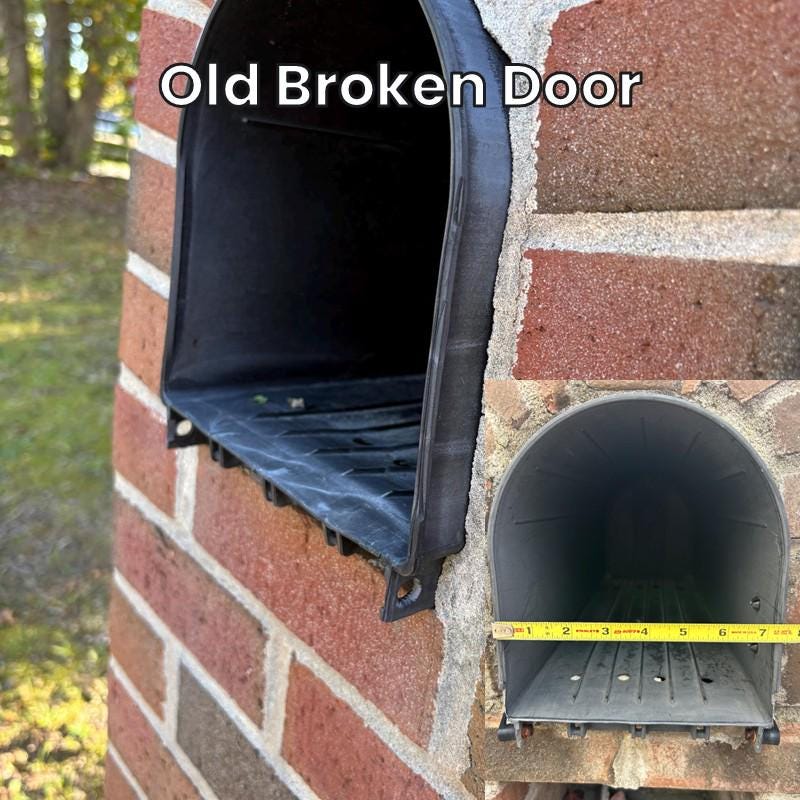 Old broken door on a Design 11 plastic mailbox