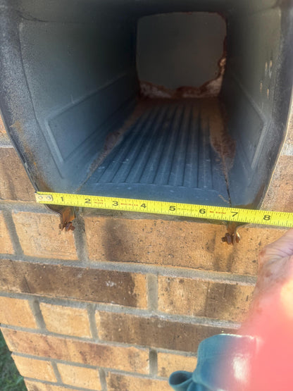 Square metal mailbox opening measured about 8 inches wide at the bottom