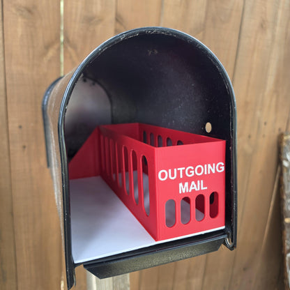 Outgoing mail bin with open slots and flat white sorting tray