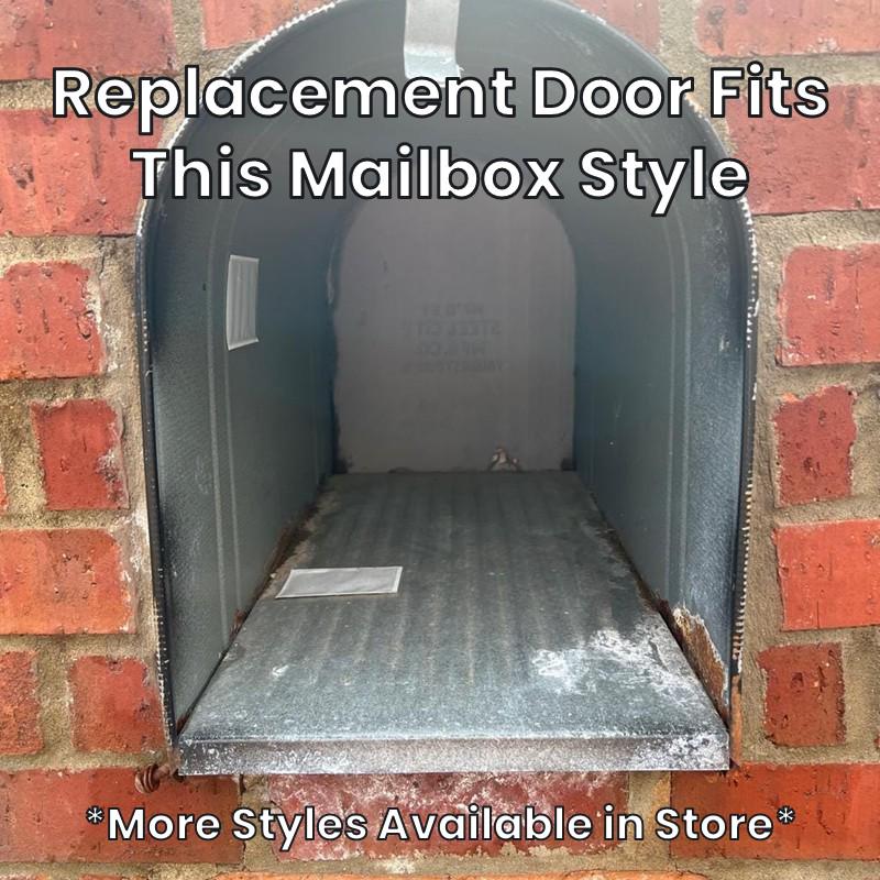 Large metal mailbox this replacement door fits, set in a brick wall