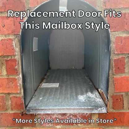 Large metal mailbox this replacement door fits, set in a brick wall