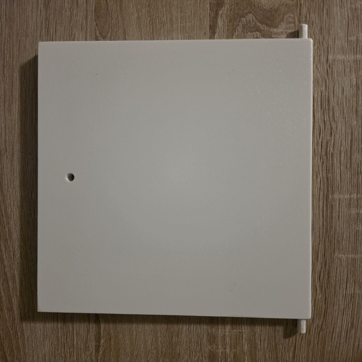 New 3D printed square replacement door, front, with handle hole and hinge pins