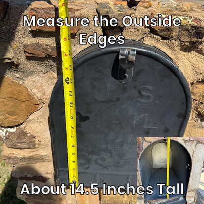 Measuring the outside edges of a large metal mailbox, about 14.5 inches tall