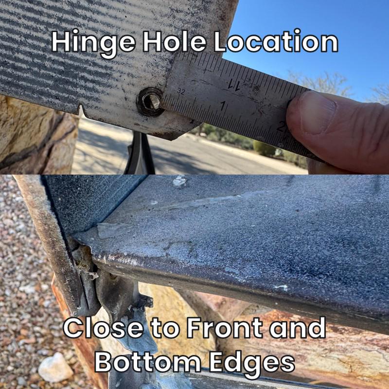 Hinge hole location on the large metal mailbox, close to the front and bottom edges