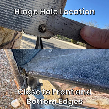 Hinge hole location on the large metal mailbox, close to the front and bottom edges